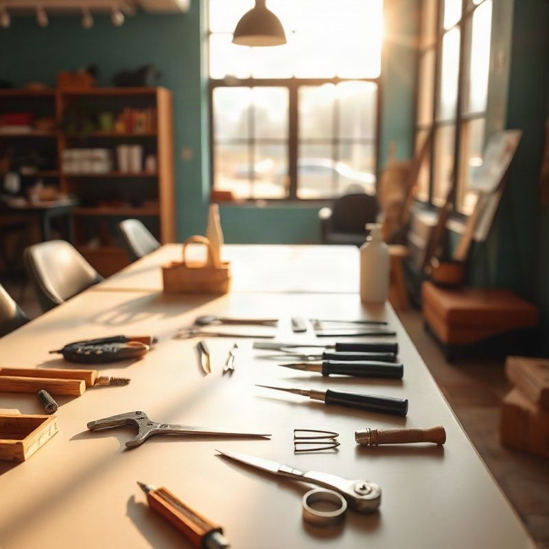 A professional workspace inside Pinegrovev with tools laid out on a pale surface