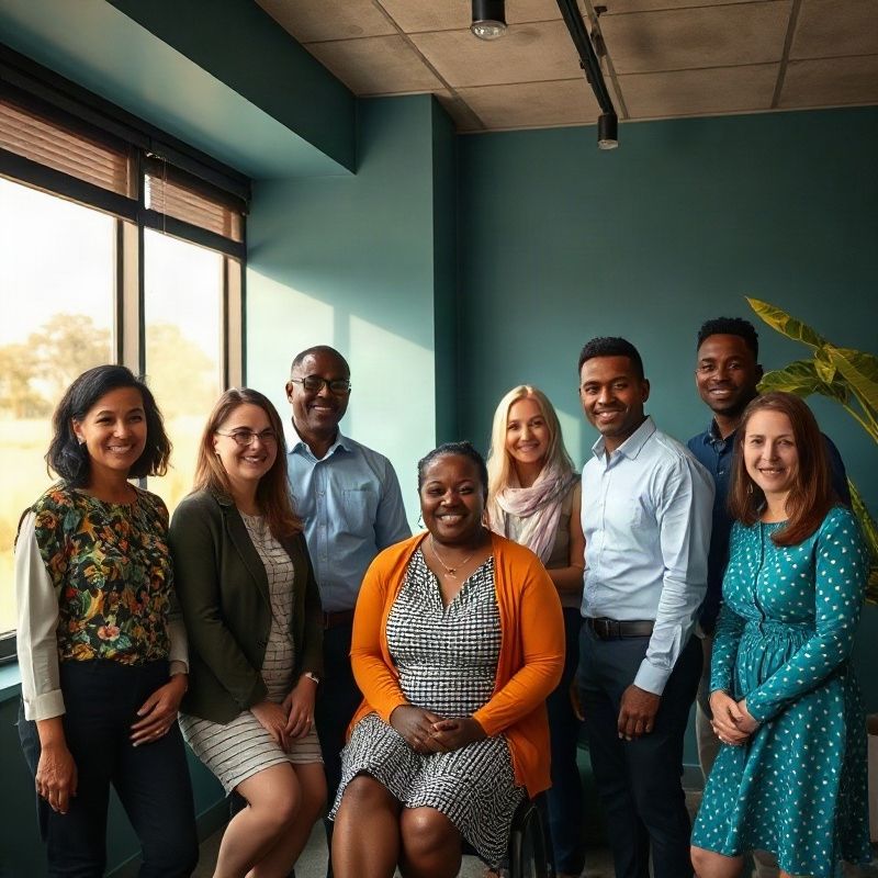 The Pinegrovev team in a teal-modern interior in natural window light